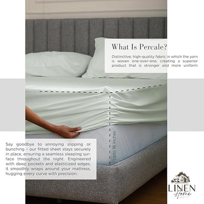 Linen Home 100% Cotton Percale Sheets Queen Size, Dove Grey, Deep Pocket, 4 Pieces Set - 1 Flat, 1 Deep Pocket Fitted Sheet and 2 Pillowcases, Crisp Cool and Strong Bed Linen