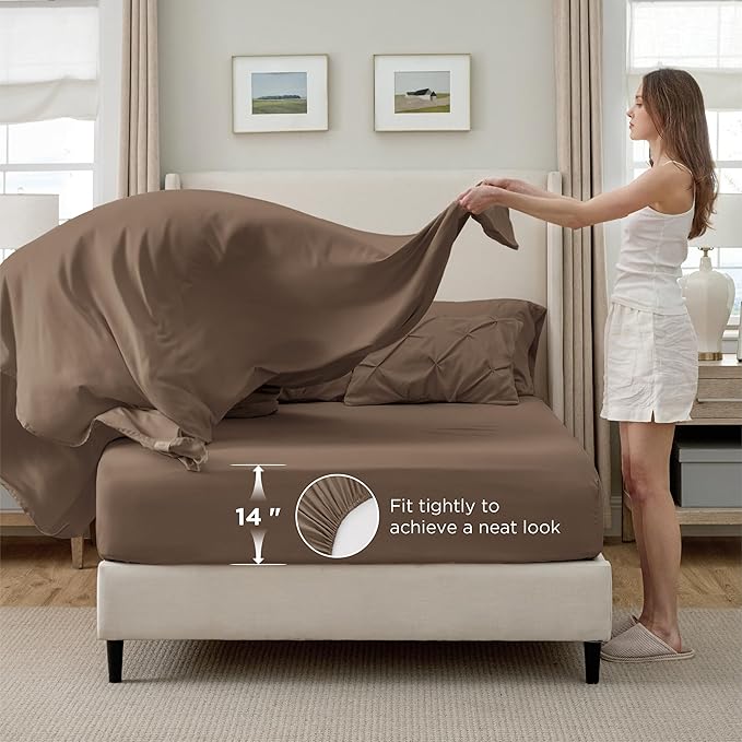 Bedsure Queen Comforter Set Brown - Bed in a Bag Queen Size Bedding 7 Pieces, GentleSoft™ Pintuck Bed Set Gift for Family, Pinch Pleat All Season Comforter with Sheets, Pillowcases & Shams