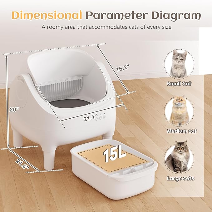 Greesum Automatic Self-Cleaning Litter Box for Cats - Open-Top Design, Easy Odor Control, Smart APP Control, 15L Large Waste Bin, Includes Trash Bags & Mat (White)-Mewly Pet