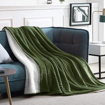 Walensee Sherpa Fleece Blanket (Throw Size 50”x60” Olive Green) Plush Throw Fuzzy Super Soft Reversible Microfiber Flannel Blankets for Couch, Bed, Sofa Ultra Luxurious Warm and Cozy for All Seasons