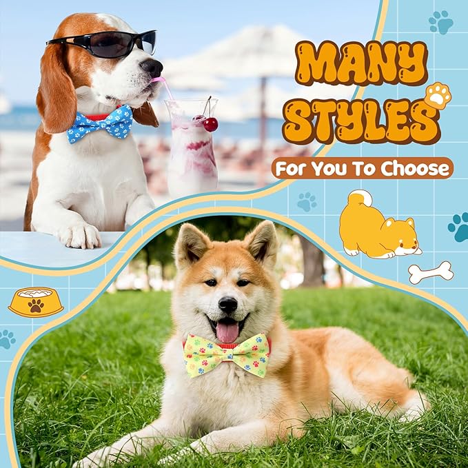 Hillban 50 Pieces Paw Print Dog Collar Bow Ties Colorful Paw Print Dog Collar Accessories Bow Ties Attachment with Elastic Bands Detachable Charms for Pets Collar Accessories Daily Costume-Mewly Pet