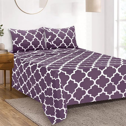 Mejoroom Full Bed Sheet Set - Super Soft Brushed Microfiber 1800 Thread Count Full Sheets with 16 inch Deep Pocket - Wrinkle Free - 4 Piece(Purple Quatrefoil with White Pattern)