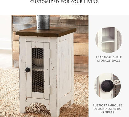 Signature Design by Ashley Wystfield Farmhouse Chair Side End Table with Cabinet Door for Storage, White & Brown with Distressed Finish