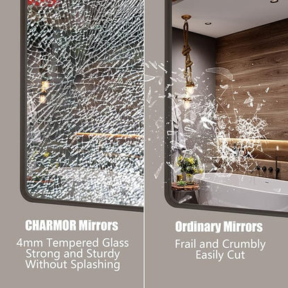 28x36 Bronze Framed Mirror, Brushed Bronze Metal Bathroom Vanity Mirror for Wall, Modern Rectangle Mirror, Rounded Corner, Anti-Rust, Tempered Shatterproof (Horizontal/Vertical)