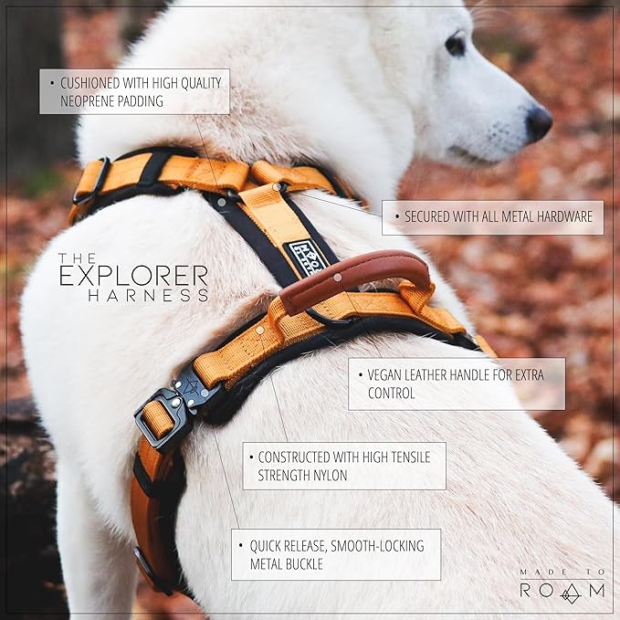 MADE TO ROAM Premium Explorer Harness - Y-Shaped Dog Harness with Adjustable Durable Nylon, Soft Padding, Metal Buckles and Leather Handle for Small, Medium, Large Dogs (Carolina Blooms, Size 6)-Mewly Pet