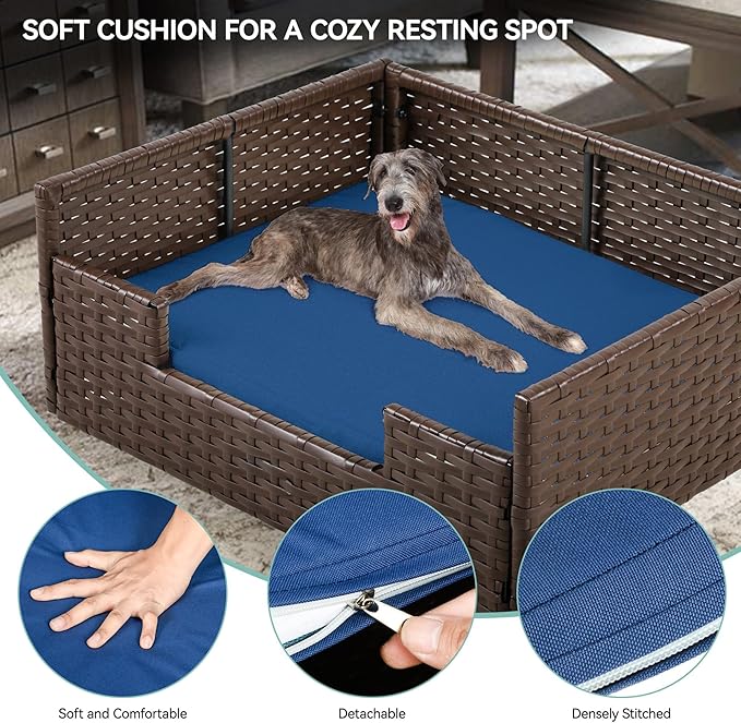 YITAHOME Rattan Dog Sofa Bed with Cushion,Wicker Pet Bed Sofa Couch Indoor Outdoor Water Resistant for Large Medium Small Dogs Cats (34.6''L*23.6''W*11.8'',Blue)-Mewly Pet