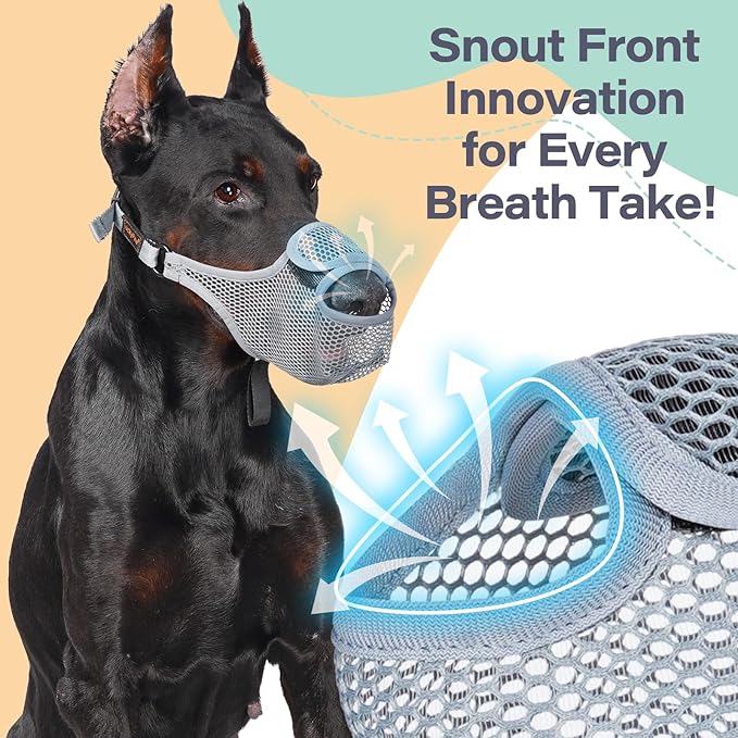 LUCKYPAW Dog Muzzle for Large Medium Small Dogs, Patented Mesh Muzzle to Prevent Biting Chewing Eating, Soft Mouth Guard with Front Opening Design for Drinking Panting(Grey, S)-Mewly Pet