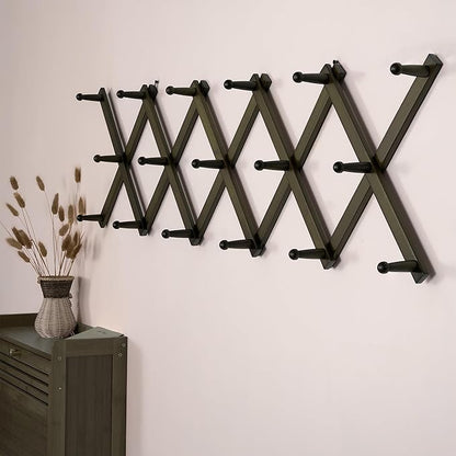 SKOLOO Hat Rack for Wall with 17 Hooks, Solid Wooden, Modern, Expandable Coat Rack Wall Mount for Coats, Hats, Bags, Baseball Caps, Dark Walnut Color