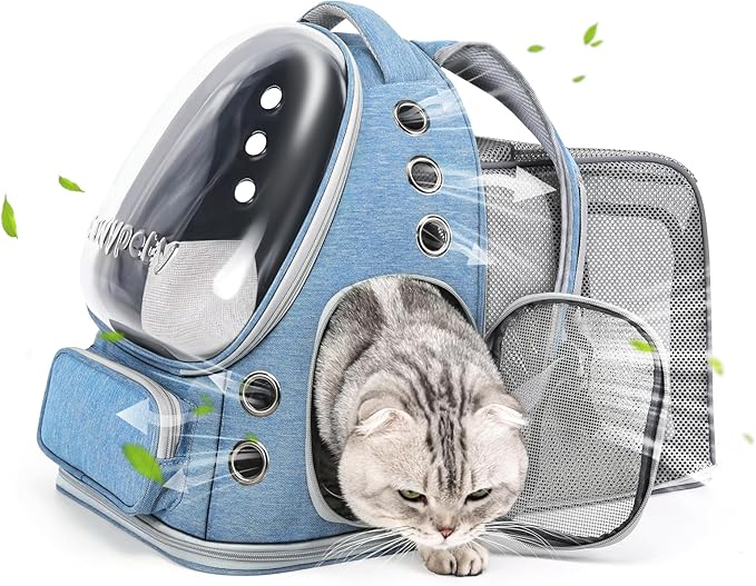 Expandable Cat Backpack,Cat Bubble Backpack Carrier for Carrying Cats, Pets and Small Dogs,Airline-Approved,Designed for Travel, Hiking, Walking,Car （Blue-Mewly Pet