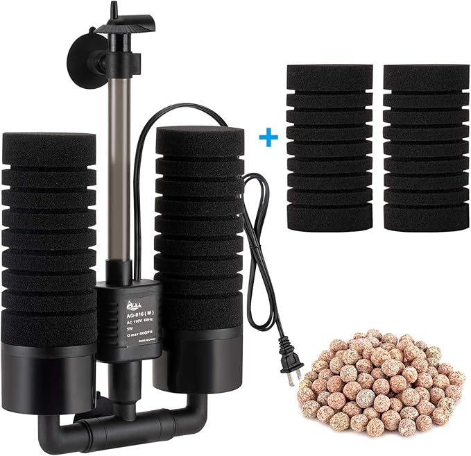 AQQA Aquarium Sponge Water Filter, Power Driven Double Biochemical Filter, Quiet Submersible Foam Filter with 2 Extra Sponges, 1 Bag of Filtered Ceramic Balls for Fresh and Salt Water Fish Tank (L)-Mewly Pet