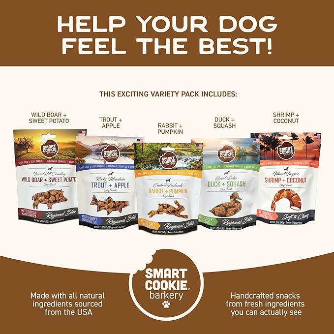 Smart Cookie All Natural Soft Dog Treats - 5 Flavor Variety Pack (5oz Each) - Healthy Dog Treats for Dogs & Puppies with Allergies, Sensitive Stomachs - Chewy, Grain Free, Made in USA-Mewly Pet