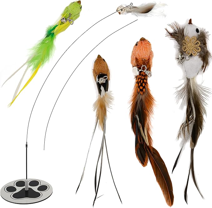 Interactive Bird Simulation Cat Toy Set for Bored Indoor Adult Cats Feather Toy Wand 5 Pcs Natural Bird Feathers Stable Round Base Wand Cat Toys for Indoor Cats Hunting Toys-Mewly Pet
