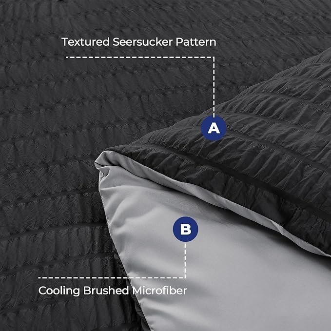 HYMOKEGE Black/Light Grey Full Size Comforter Sets Seersucker 7 Pieces, All Season Luxury Bed in a Bag for Bedroom, Bedding Set with Comforter, Sheets, Pillowcases & Shams