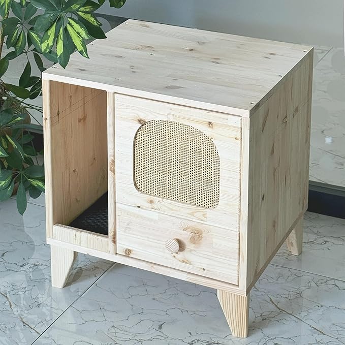 Cat Litter Box | Hidden Litter Box Furniture with Removable Divider | Wooden Cat Washroom Furniture | Indoor Cats House (Natural)-Mewly Pet
