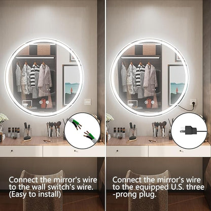 24 Inch Round LED Bathroom Mirror,Front & Backlit Lighted Bathroom Vanity Mirror, 6000K, CRI 90+, Dimmable, Touch, Anti-Fog