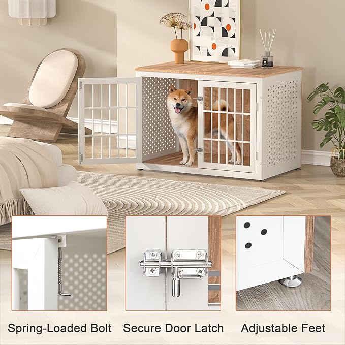 38" Heavy Duty Dog Crate Furniture for Large and Medium Dogs,Wooden Metal Kennel for High Anxiety Dogs, Chew Proof Pet Cage Indoor, Decorative Dog Kennel End Table, White-Mewly Pet