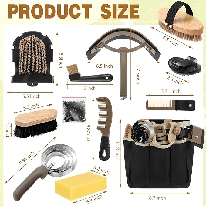Abbylike 12 Pieces Horse Grooming Kit with Organizer Tote Bag Tack Room Supplies Horse Brush Sets Equine Care Cleaning Kit Shedding Grooming Massaging Tools(Khaki)-Mewly Pet
