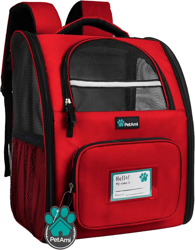 PetAmi Dog Backpack Carrier for Small Large Cat, Pet, Puppy, Ventilated Pet Hiking Backpack Travel Bag, Airline Approved Cat Backpack Carrier, Camping Biking Dog Bag Up to 18lbs Pet, Red-Mewly Pet
