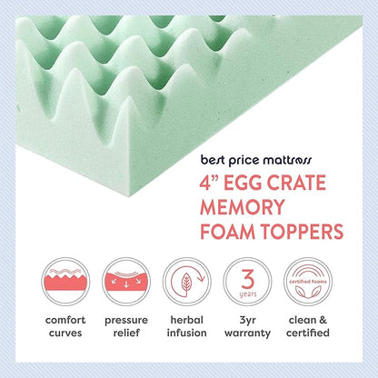 Best Price Mattress 4 Inch Egg Crate Memory Foam Mattress Topper with Calming Aloe Infusion, CertiPUR-US Certified, King