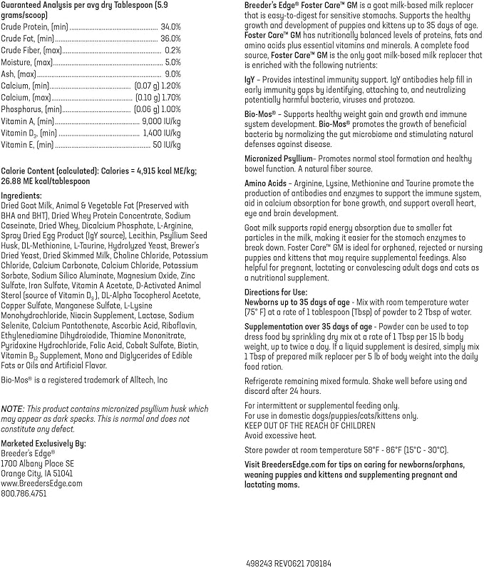 Breeder's Edge Foster Care GM - Goat Milk Based Powdered Milk Replacer - Puppies , Kittens , Cats & Dogs Formula - Easy Digestion - 5 lb-Mewly Pet