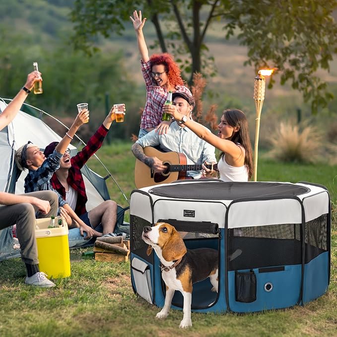 PETSFIT 29" Puppy Playpen with Removable Waterproof Mat & Zippered Roof | RV, Camping, Travel Dog Pen | Indoor/Outdoor Whelping & Cat Observation Space(29.5"x29.5"x16.5"H)-Mewly Pet