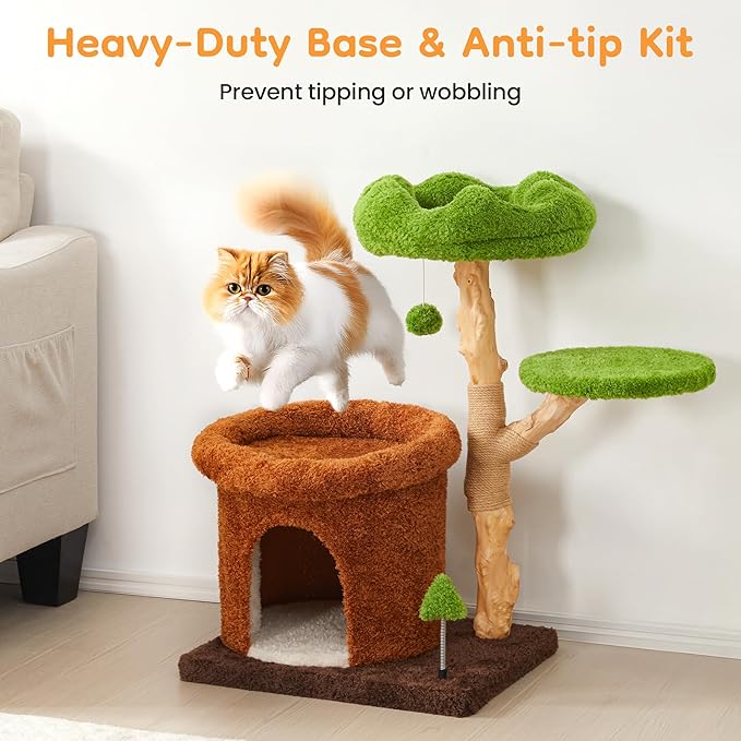 32-Inch Multi-Level Cat Tree Tower, Natural Wooden Cat Furniture with Sisal Scratching Posts, Beds & Condo, Cute Cat Tree for Indoor Cats, Multi-Cat Householdsolds-Mewly Pet