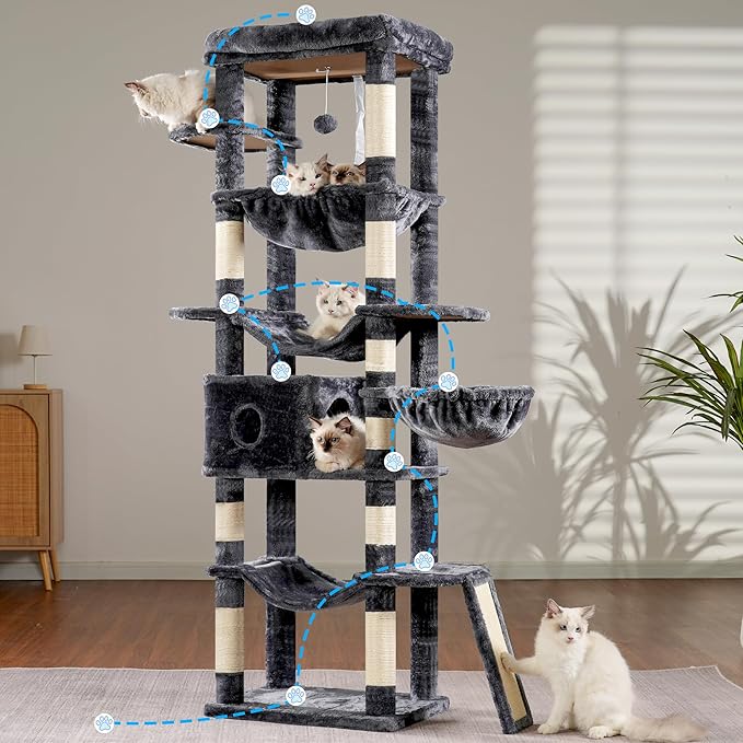 Hey-brother Cat Tree, 69.3-Inches Multi-Level Plush Cat Tower for Indoor Cats with Large Top Perch, Extra Spacious Hammock, 2 Hammocks Ramp, Hanging Ball, Smoky Gray MPJ037G-Mewly Pet