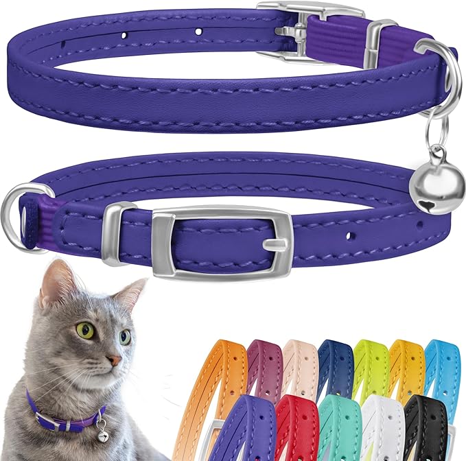 CollarDirect Leather Cat Collar with Bell - Kitten Collar, Small and Big Cat for Boy Cats, Girl Cats with Safety Elastic Strap (Neck Fit 8"-11", Purple)-Mewly Pet