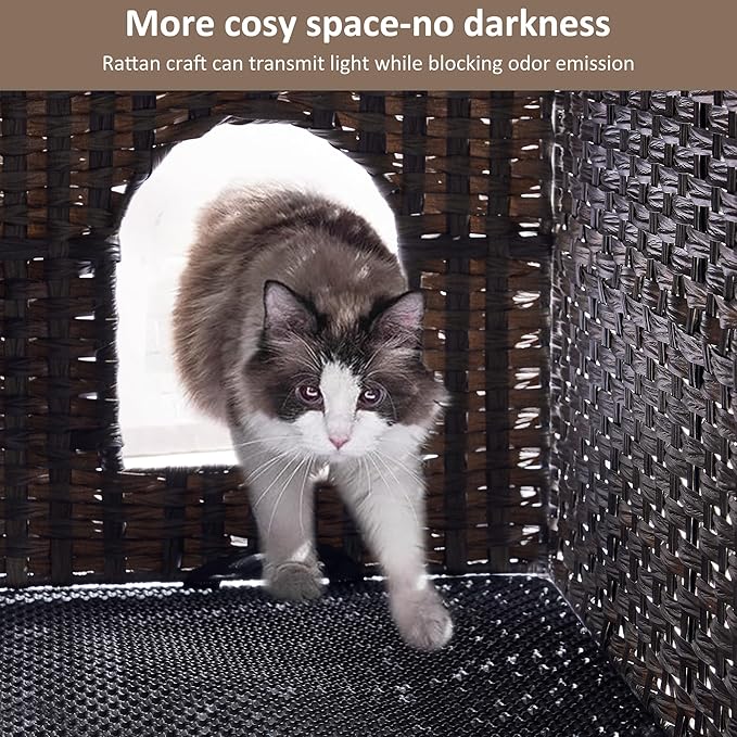 Cat Litter Box Enclosure with Litter Trapping Mat; Handwoven Plastic Rattan Kitten House; No Installation Hidden Cat Washroom; Pet Crate for Balcony,Bedroom,Living Room-Mewly Pet