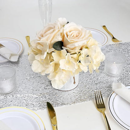 Flower Table Centerpieces - Set of 6 Floral Arrangement Artificial Wedding Hydrangeas Floral Arrangement with Rustic Metal Vase for Bridal Tea Party Event Decorations - Champagne