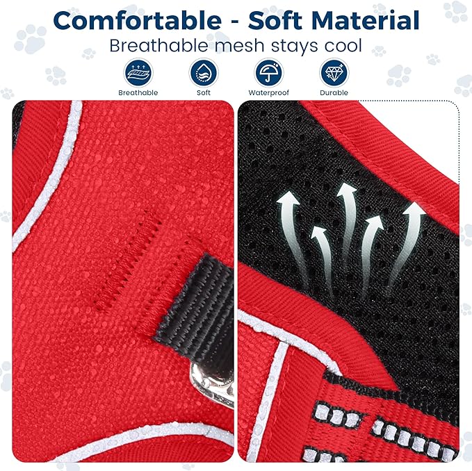 Funfox Dog Harness No Pull, Adjustable Pet Vest Harness, Super Soft Material with Vertical Handle Easy Control, Reflective Night Walking, 2 Leash Clips for XLarge Dogs, Red, XL-Mewly Pet