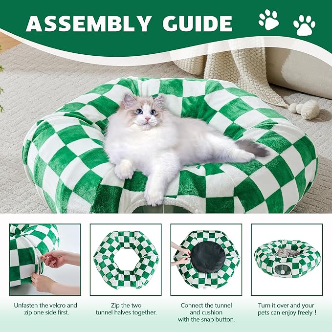 Cat Tunnel for Indoor Cats, Cute Peekaboo Cat Cave with Dangling Balls, Checkered Pet Donut Tunnel Bed with Circle Mat for Puppy Kitten Rabbit, Green/White-Mewly Pet