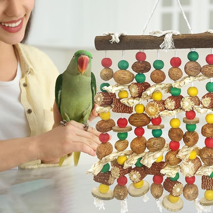 PINVNBY Large Parrot Toys Natural Nuts Corn Cob Wooden Chewing Tearing Toy for African Grey Macaws Amazon Cockatoos Eclectus Conures Cockatiels Cockatoo and Large Medium Parrot Birds (Colorful)-Mewly Pet