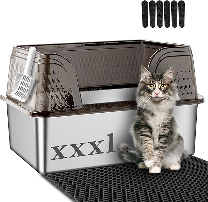 Suhaco Extra Large Stainless Steel Litter Box with Lid XXXL High Sided Cat Litter Boxes Included Litter Mat & Litter Scoop Anti-Urine Leakage Metal Pet Toilet for Big Cats (Black XXXL)-Mewly Pet