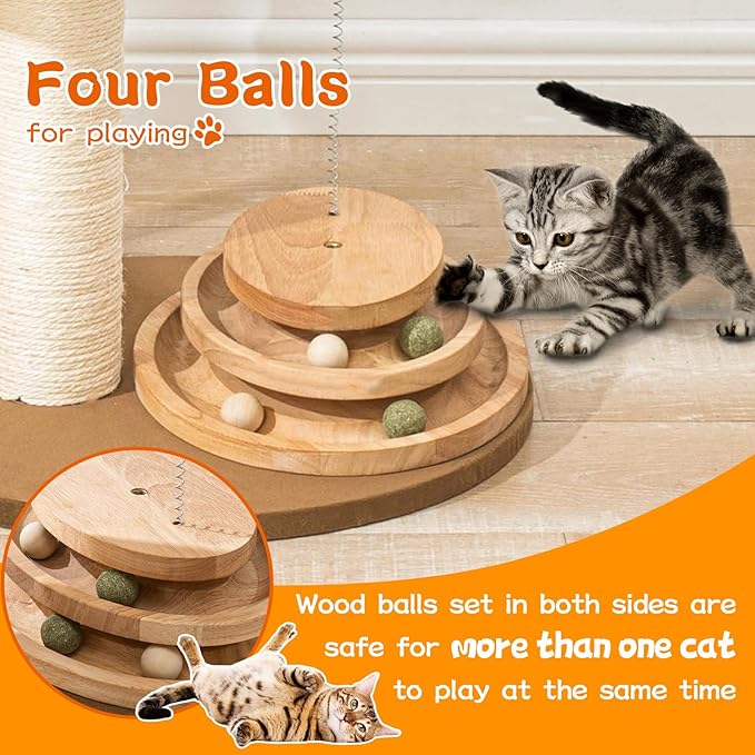 Natural Wood Modern Cat Tree with Top Cats Bed, Unique Cute Cats Furniture Activity Centre with Sisal Rope Scratching Posts, Cats Tower Condo with Interactive Cat Toy Tree-Mewly Pet