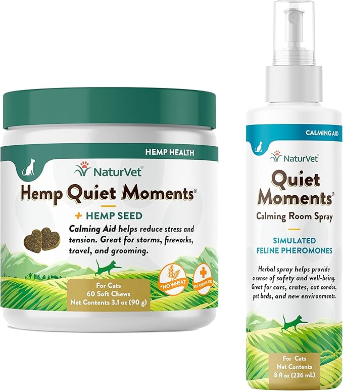 NaturVet Hemp Quiet Moments Plus Hemp Seed for Cats, 60 ct Soft Chews, Made in USANaturVet Quiet Moments Herbal Calming Spray, 8 Ounce- Feline-Mewly Pet