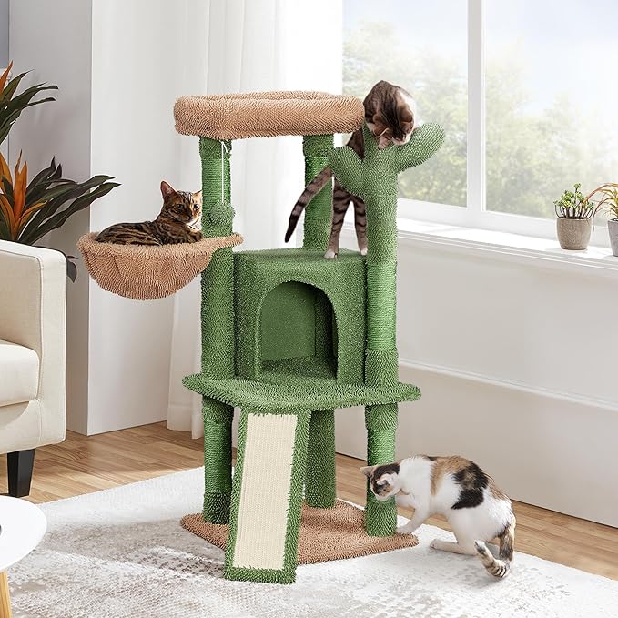 Yaheetech Cactus Cat Tree, 42in Cat Tower for Indoor Cats, Multi Level Kitten Condo Scratching Post, Cat Activity Center Pet Furniture w/Ball, Plush Perch, Platform, Basket-Mewly Pet
