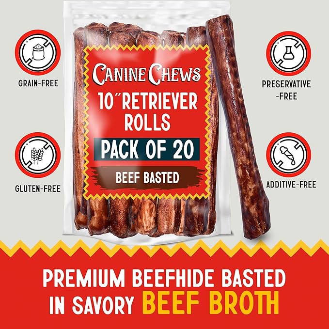 Canine Chews 10" Beef Basted Rawhide Bones for Large Dogs - 20 Pack - Hand-Rolled Dog Chews Basted in Beef Broth - Promotes Dental Health-Mewly Pet