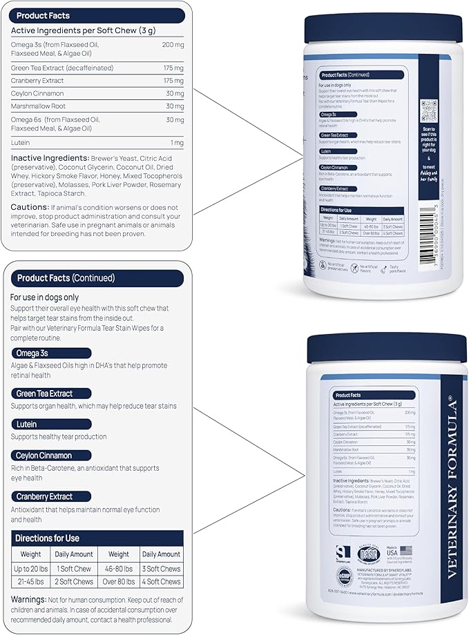 Veterinary Formula Eye Health Supplement for Dogs – Vet-Formulated Tear Stain Chews with Omega 3, Lutein & Cranberry – Smart Vitality Supports Eye Moisture, Stain Reduction & Immunity, 60 Soft Chews-Mewly Pet