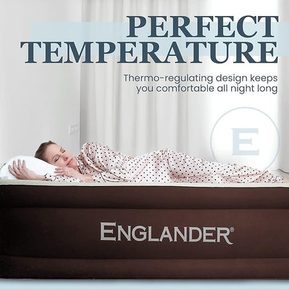Englander First Ever Microfiber Air Mattress, Microfiber Airbed with Built in Pump Queen Brown/Cream Top