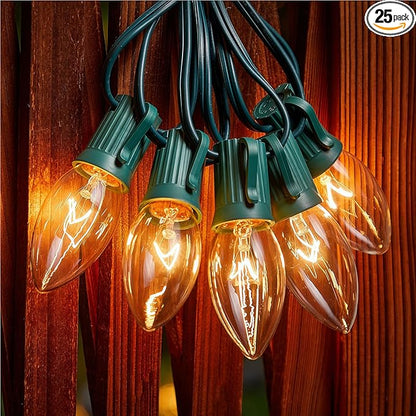 Minetom C9 Clear Christmas String Lights, 25FT 25 Bulbs Bright & Warm Outdoor Christmas Lights, Long Life C9 String Lights for Tree Patio Gazebo Wreath, Green Wire
