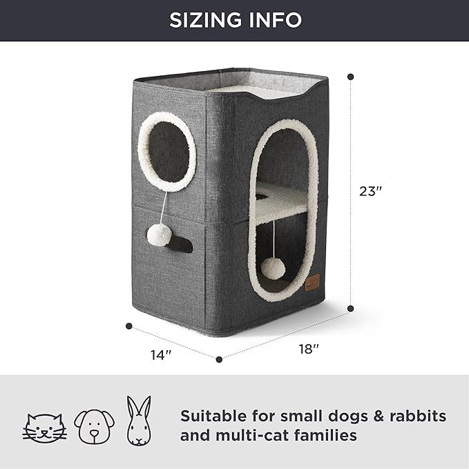 Bedsure 2 Story Cat House - Cat Condos for Indoor Cats with Scratch Pad and Fluffy Ball Hanging, Small Pet Cave Furniture Hideaway for Multi Pets, 18x14x23 inches, Dark Grey-Mewly Pet