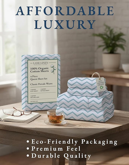 LANE LINEN 100% Organic Cotton Sheets Queen, 15" Deep Pocket Queen Sheets Fits Upto 15" Mattress, Soft & Comfy Fade Resistant Printed Sheet Set - Cool Blue Chevron