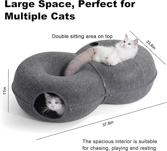 8-Shaped Large Cat Tunnel Bed for Indoor Cats, Infinite Circulation Peekaboo Cat Cave with 12 Toy Balls, Cat Donut Tunnel for Cats up to 30 Pounds (Dark Grey, L 38x24x11in)-Mewly Pet