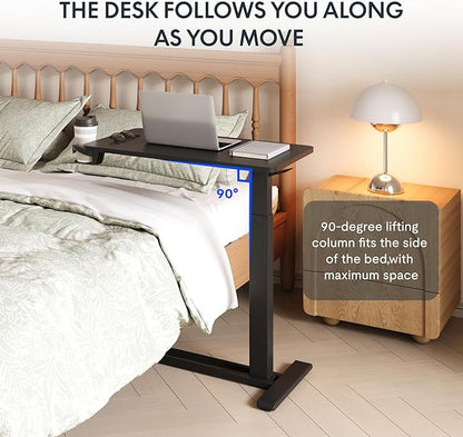 FLEXISPOT H7 Adjustable Overbed Bedside Table with Wheels Pneumatic Mobile Standing Desk Laptop Desk Rolling Computer Cart Movable Overbed Table Hospital Home Use(31.5" W x 17.7" D, Black Large)