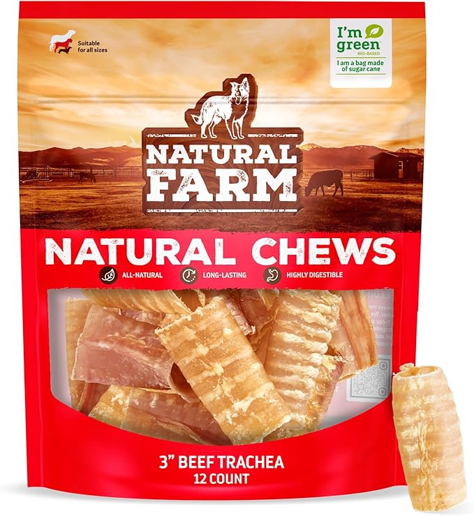 Natural Farm Top Premium Beef Trachea Dog Chews (3 Inch, 12 Pack), Natural Source of Glucosamine and Chondroitin for Hip and Joint Health, High-Protein, 100% Beef Trachea-Mewly Pet