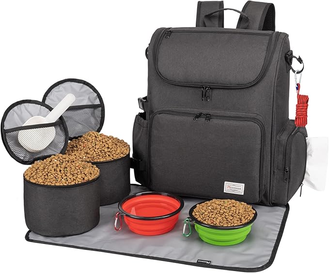 Modoker Dog Travel Bag Backpack, Airline Approved Pet Accessories Organizer for Dog and Cat with Shoulder Strap, 2 Dog Food Storage Containers, 2 Collapsible Dog Bowls,1 Pet Mat, Black-Mewly Pet
