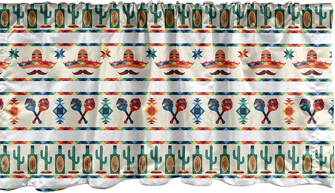 Ambesonne Mexican Window Valance Pack of 2, Latin American Cultural Native Borders Indigenous Saguaro Sombrero Tequila Bottle, Rod Pocket Curtain Valances for Kitchen Bedroom, 42" X 12", Jade Green