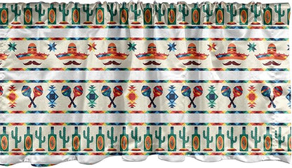 Ambesonne Mexican Window Valance, Latin American Cultural Native Borders Indigenous Saguaro Sombrero Tequila Bottle, Curtain Valance for Kitchen Bedroom Decor with Rod Pocket, 42" x 12", Jade Green