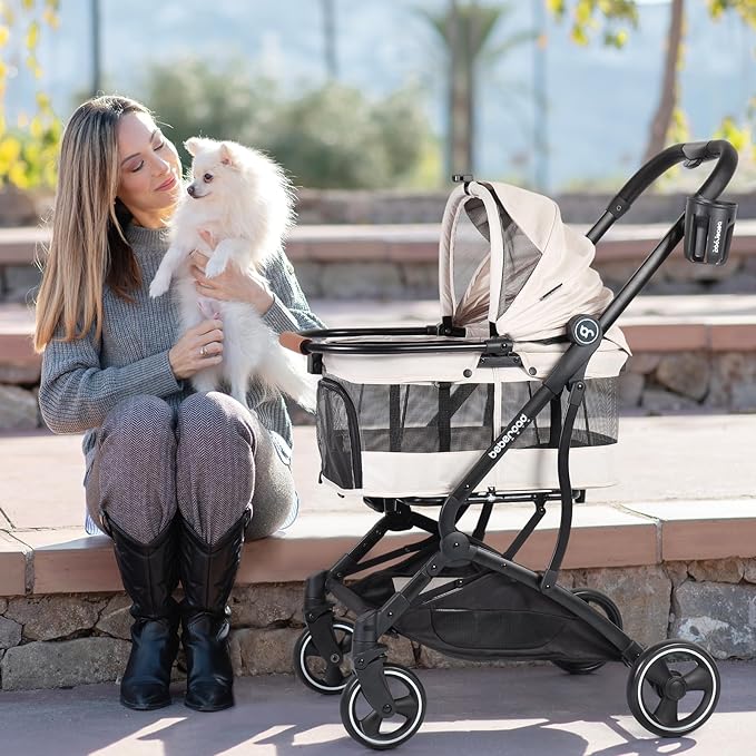 T3 Foldable Pet Stroller for Small Dogs & Cats – 3-in-1 Lightweight Design, 180° Canopy & Detachable Carrier (Beige)-Mewly Pet